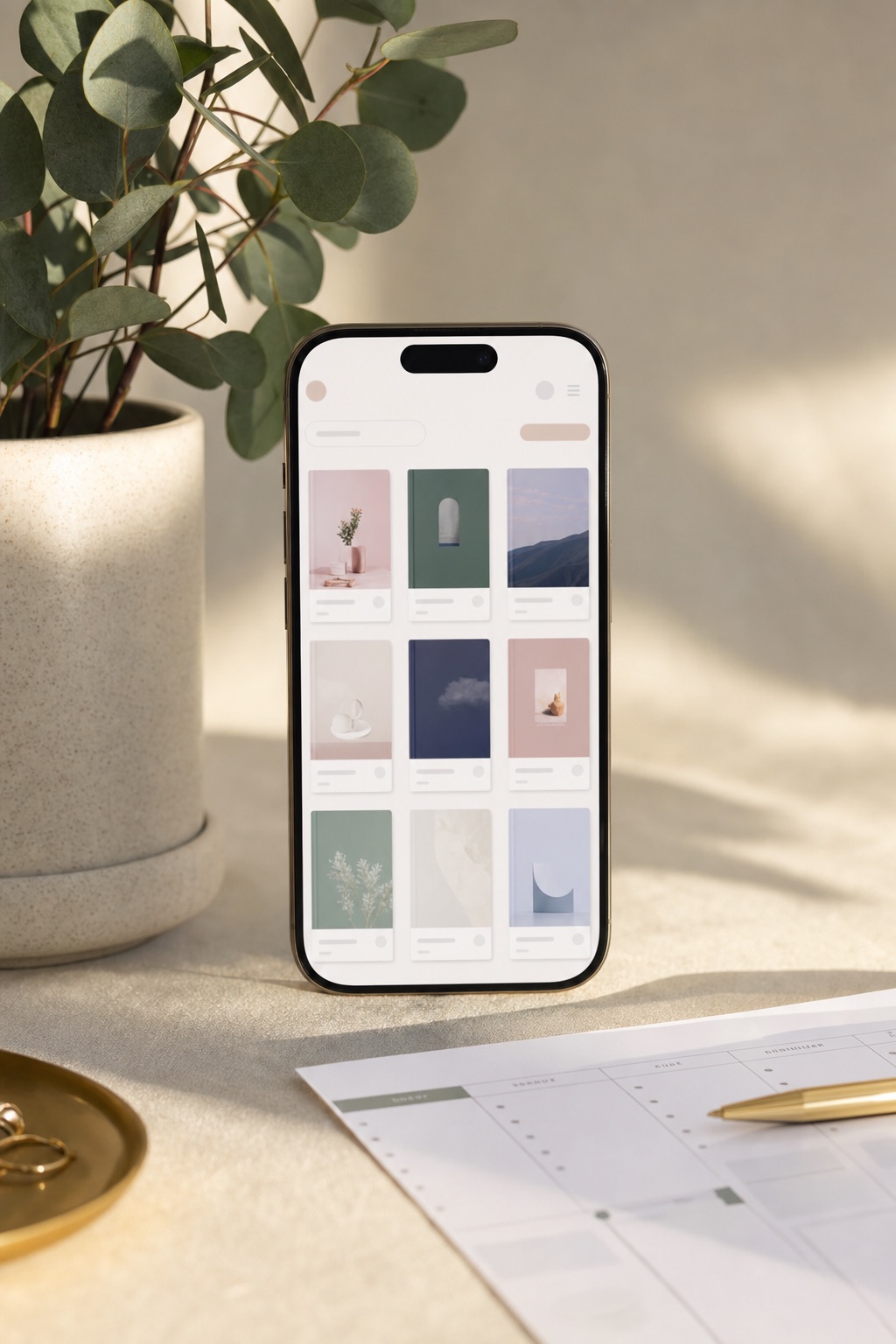 Phone showing the Paperkit app with a grid of workbook covers