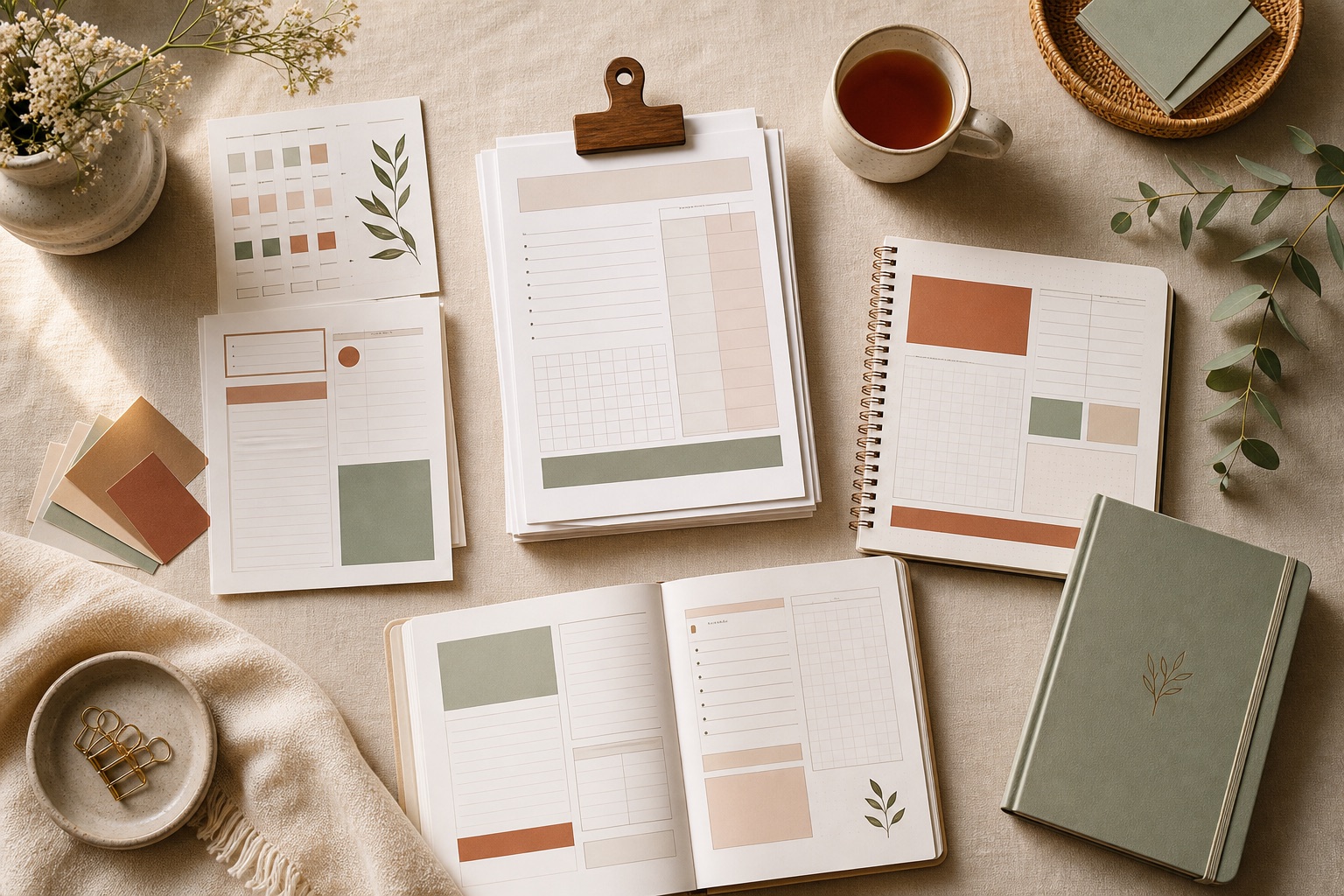 Printed Paperkit planner and workbook pages arranged on a desk